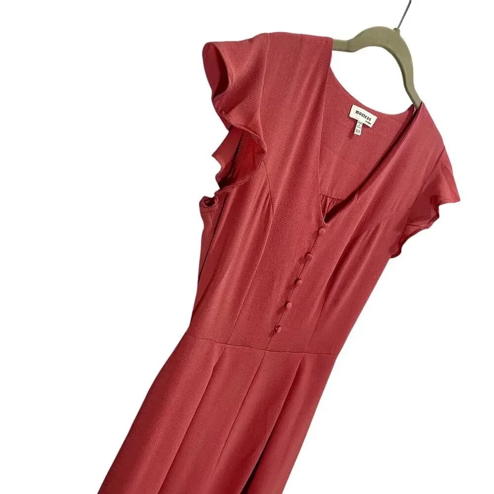 Monteau Salmon Pink Casual Midi Slip Dress Flutter Sleeves Button Front Size XS - Picture 3 of 9